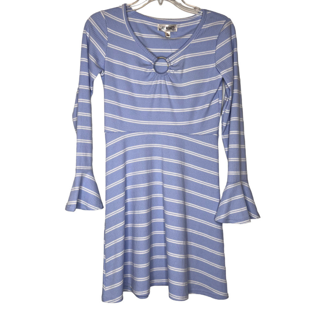 NEW Say What? Girls Blue White Striped Dress Size S Flared Sleeves Ring Accent